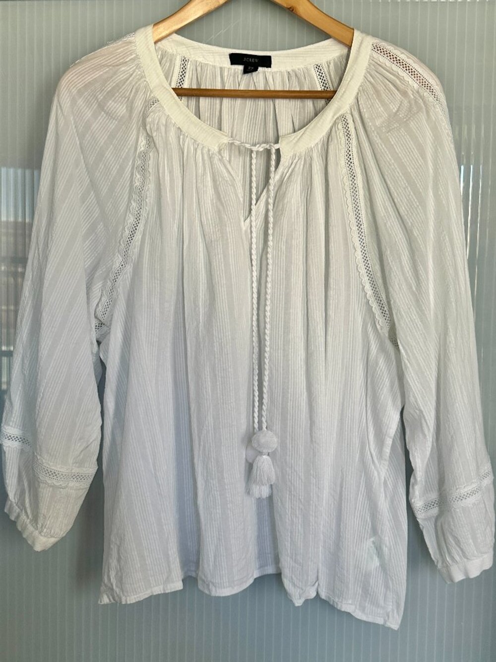 J.Crew Peasant Top 2X White 100% Cotton Crochet Lace Tassel Tie Boho India